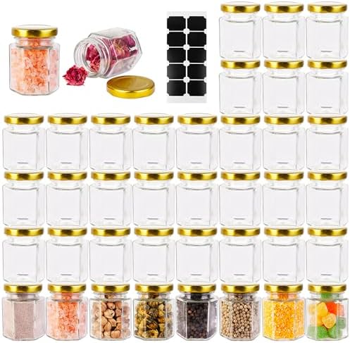 GIVAMEIHF Small Glass Honey Jars with Lids 3oz,40 pack Airtight Canning Jars with Gold Lids,Hexagon Glass Jars for Spice,Jam,Foods,Liquid,Baby Shower Favors,Wedding Favors,40 Labels by GIVAMEIHF