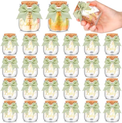 Funnymoom 24 Sets Baby Shower Bottles Favors for Guests Glass 100 ml Milk Jar with Ribbons and Stickers Decorations for Gender Reveal Newborn Centerpiece Party Favor(Sage Green,Baby) by Funnymoom