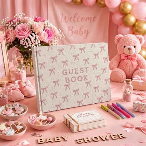 Engrowtic Embroidered Pink Bow Baby Shower Guest Book Linen Cute - Image 4