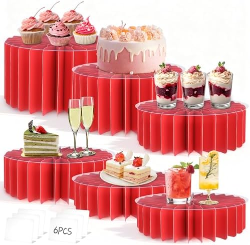 6Pcs Buffet Risers, Valentine's Day Food Risers for Table, Foldable Cake Display Stands, Tall Cardboard Cupcakes Stand for Show Catering Desserts Jewelry Wedding Birthday Party Decoration (Red) by Unknown