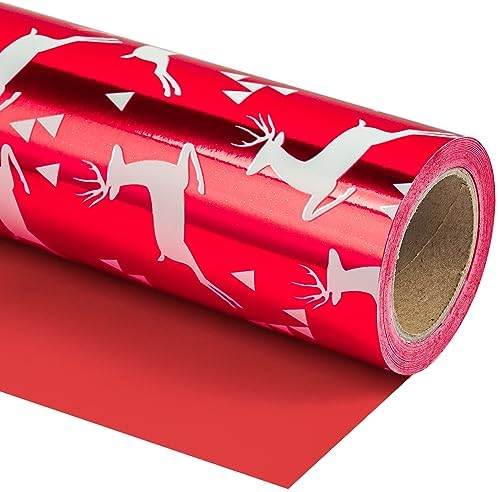 WRAPAHOLIC 30 Inch Jumbo Reversible Red Christmas Wrapping Paper - 30 Inch x 100 Feet Jumbo Roll Reindeer Wrapping Paper and Solid Red Design with Metallic Foil Shine for Christmas, Holiday, Party by WRAPAHOLIC