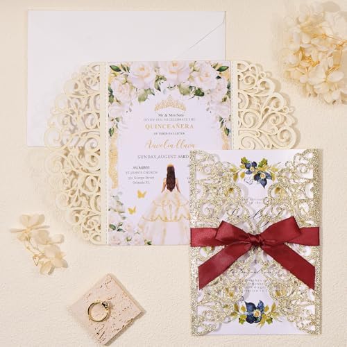 50Pcs Gold Glitter Wedding Invitations With Envelopes and RSVP Cards and Burgundy Ribbon Laser Cut Invitation Kits For Wedding Bridal Shower Quinceanera Invite - Image 6