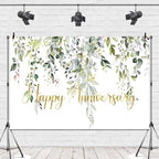 Leowefowa 12x10ft Vinyl Happy Anniversary Backdrop Green Gold Eucalyptus Leaves Photography Background Wedding Bridal Decorations Baby Shower Gender Reveal Photo Party Banner Photo Booth Props - Image 5