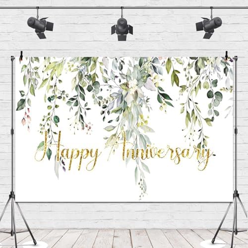 Leowefowa 12x8ft Vinyl Happy Anniversary Backdrop Green Gold Eucalyptus Leaves Photography Background Wedding Bridal Decorations Baby Shower Gender Reveal Photo Party Banner Photo Booth Props - Image 5