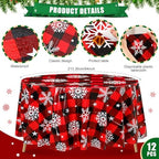 Ganeen 12 Pcs Snowflake Black and Red Buffalo Plaid Tablecloth 84" Round - Image 2