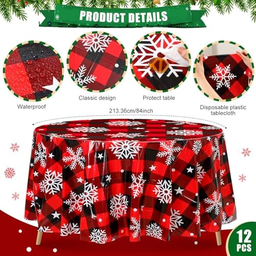 Ganeen 12 Pcs Snowflake Black and Red Buffalo Plaid Tablecloth 84" Round - Image 2