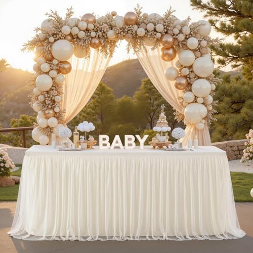 Ivory Tablecloths for 6 Foot Rectangle Tables Ivory Table Cloth Rectangle Tulle Tablecloth 6ft Cream Stretch Spandex Table Cover for Wedding Baby Shower Birthday Party Banquet Desk Table Skirt - Image 2