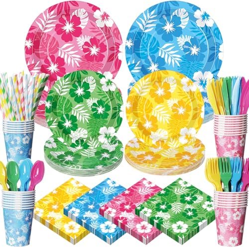 450 Pcs Tableware Set, Serve 50, Colorul, Hawaiian Leaves Flowers by Unknown