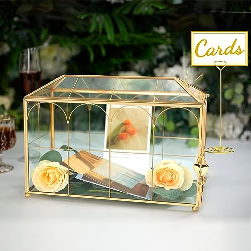 Glass Wedding Card Box with Lock, 12.6x5.9x9 inches Large Gold Card Boxes - Image 2