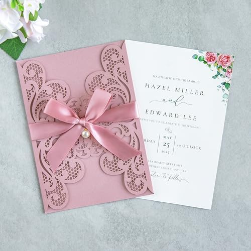 20Pcs Personalized Wedding Invitation, Customized Dusty Rose Laser Cut Invitation Cards With Envelopes Rhinestone Pearls and Ribbons For Wedding XV Anos Quinceanera Invitation - Image 3