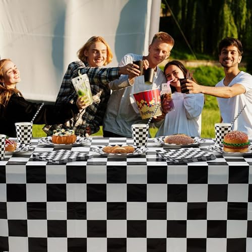 Funnymoom 452 Pcs Checkered Flag Party Supplies for 50 Guests, Black and White Checkered Paper Plates Napkins Cups Tablecloth Cutlery Straws for Race Car Birthday Party Decorations - Image 5