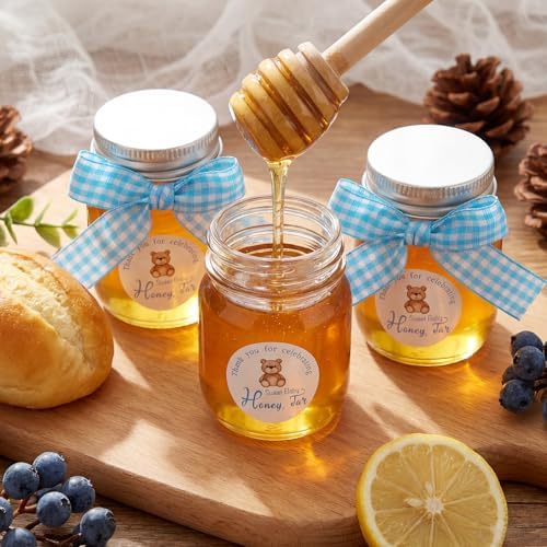 Willinglong 24 Set Glass Mini Honey Jars, Baby Shower Party Favors Bulk, 2 oz Small Honey Jars with Dippers, Lids, Stickers, Ribbons for Baby Shower Gender Reveal Party Gifts Supplies(Blue,Bear) - Image 3
