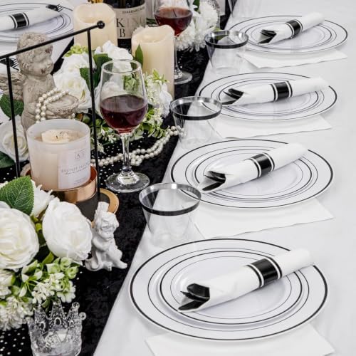 WELLIFE 210Pcs Black Plastic Dinnerware with Pre Rolled Napkins, Include:30 Dinner Plates, 30 Dessert Plates, 30 Paper Napkins, 30 Cups, 90 Plastic Cutlery - Image 4