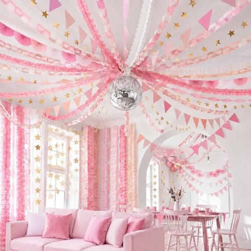TaoBary Pink Party Decorations, 6 Roll Crepe Streamers 600 Paper Strips Chain Garland 4 Star Hanging 2 Felt Pennant Flag 2 Paper Fans Garland 6 Four Leaf Clover Streamers for Birthday Party - Image 3