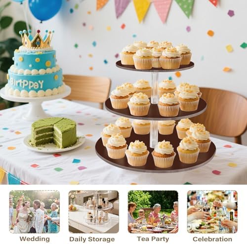 J JOYSAY Brown Coffee Pattern Acrylic Cupcake Stand 3 Tier Dessert Table Display Set Clear Cake Stands for Party Baby Shower Wedding Decorations Easy Assembly Donut Tower - Image 7