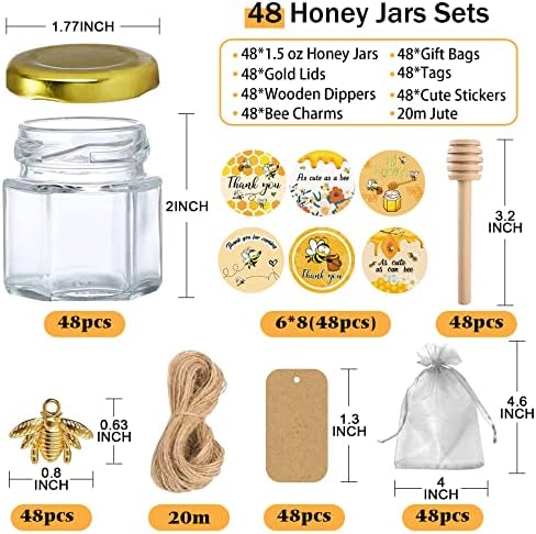 Aliggbent 48 Pack Mini Honey Jars Party Favors in Bulk, 1.5 oz Small Hexagon Glass Honey Jars with Dippers, Lids, Cute Stickers, Bee Charms, Gift Bags and Jute for Baby Showers, Weddings & Birthdays - Image 2