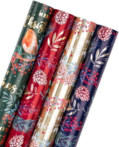 WRAPAHOLIC 30 Inch Christmas Wrapping Paper Roll - Jumbo Roll Red, Green, Gold Bird, Christmas Garland, Holly and Pinecones with Metallic Foil Shine Design - 4 Rolls - 30 Inch x 120 Inch Per Roll by WRAPAHOLIC