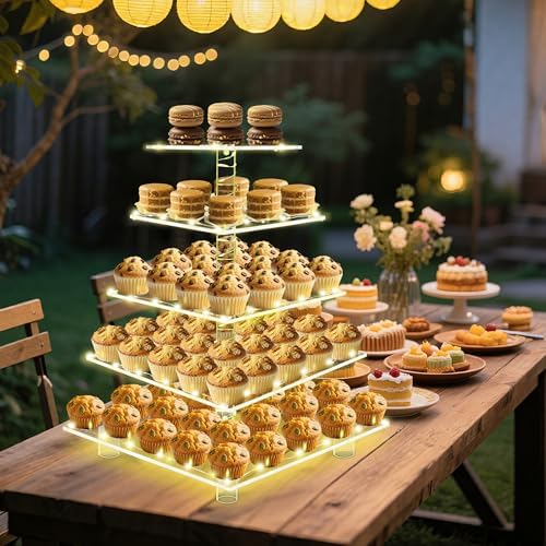 5 Tier Cupcake Stand,Clear Tiered Cupcake Tower with String Lights, Large Square Cupcake Holder Dessert Display for Baby Shower, Tea Party and Wedding - Image 2