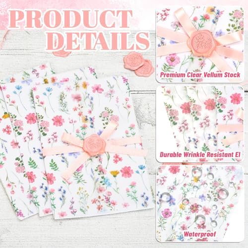 AnyDesign 50 Sets Wedding Invitations Wraps Flower Pre-Folded Vellum Jackets Pink Floral Wildflower Paper Envelope Liner with Wax Seal Sticker and Ribbon for 5 x 7 Invitation Cards - Image 3