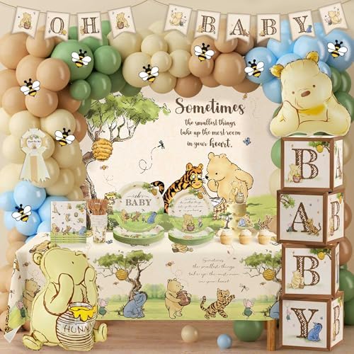 282Pcs Classic Winnie Neutral Baby Shower Decorations Quotes Plates Set by Lopeastar