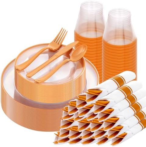SUT 175Pcs Orange and Clear Plastic Dinnerware Set for 25 Guests, Include: 25 Dinner Plate, 25 Dessert Plates, 25 Pre Rolled Napkins With Silverware, 25 Cups, Disposable Plates for Party by SeeYouTomorrow