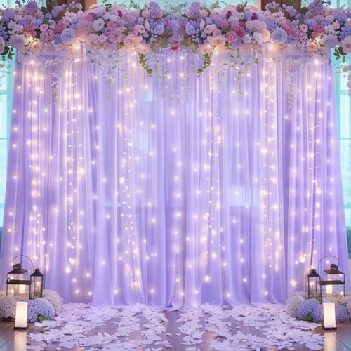 20ft x 10ft Lavender Chiffon Backdrop Curtain with Lights String for Parties,4 Panels Sheer Tulle Curtain Wedding Backdrop for Baby Shower Birthday Party Ceremony Reception Home Decorations - Image 6