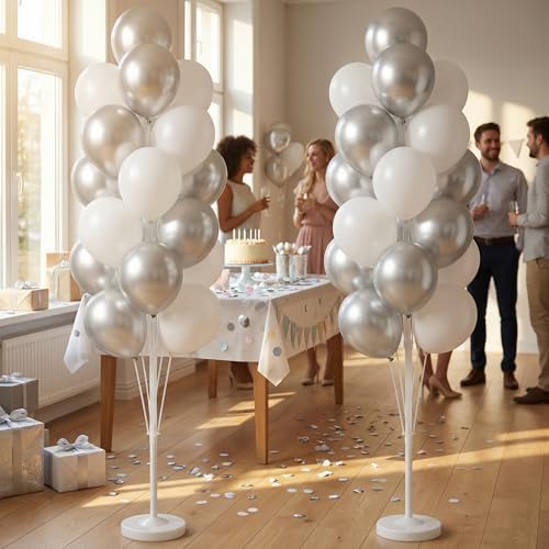 Balloon Column Kit Set of 2 With Balloons Included - with Base, and Pole,Balloon Tower Backdrop Decoration for Wedding, Baby Shower, Birthday Party, or Bachelorette Parties (Silver White) - Image 6