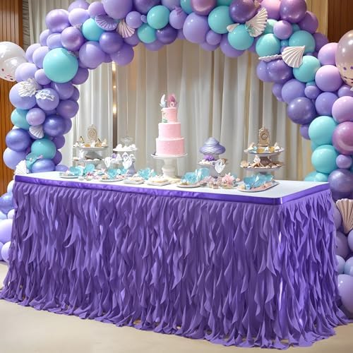 Partisky Mermaid Purple Tulle Curly Willow Table Skirt for Rectangle Table 9ft, Ruffle Tutu Table Cloth for Girls Boys Baby Shower,Mermaid Birthday Party - Image 3