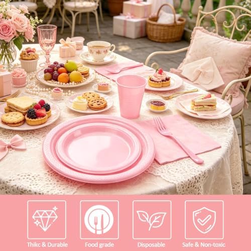 250Pcs Disposable Light Pink Plastic Plates and Napkins for Birthday Party - Image 3
