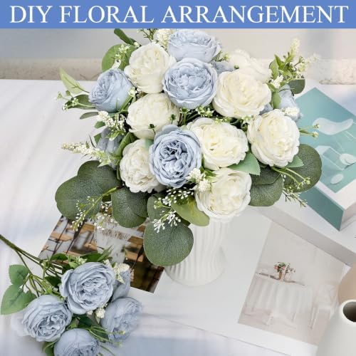 24 Bundles Dusty Blue White Artificial Peonies Silk Flowers Bulk - Image 5