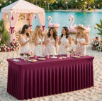 Burgundy Table Cloth for 6 Foot Rectangle Tables Fitted Stretch Spandex Table Cover with Skirt 6ft Baby Shower Birthday Party Banquet Ruffle Burgundy Tablecloth Wedding Table Cloths Desk Skirt, 2 Pack - Image 3