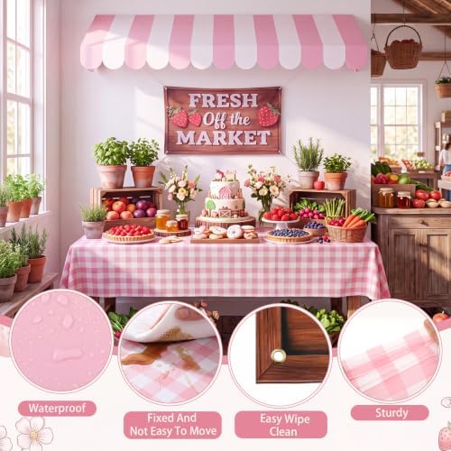 Tallew 3 Pcs Locally Grown Baby Shower Decorations Farmers Market Party Decor with 3D Awning Locally Grown Baby on the Way Sign 54 x 108" Check Tablecloth for First Birthday Farmers Market (Pink) - Image 3