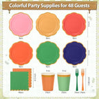 192Pcs Colorful Paper Plates and Napkins Party Supplies, Disposable 9’’ Scalloped Colored Party Plates Tableware Set for Rainbow Birthday, Wedding, Baby Shower Decorations, Serves for 48 Guests - Image 2