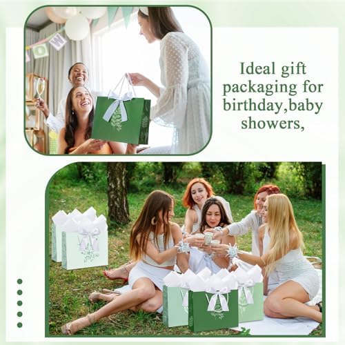 MotiMind 12 Sets 13" Large Gift Bags with Tissue Paper and Greeting Card, Green Sage Leaf Paper Gift Bags with White Bow for Wedding Birthday Anniversary Back to Baby Shower Summer Party Supplies - Image 6