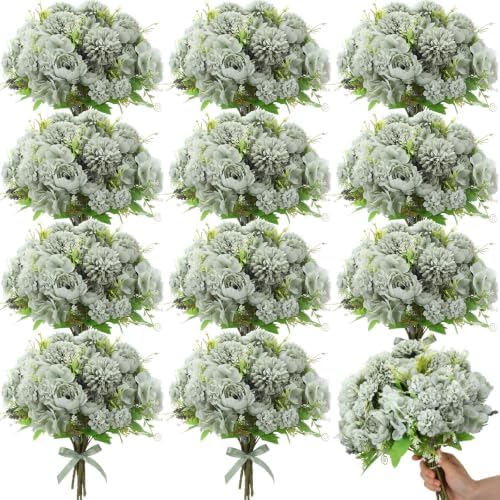 Tigeen 24 Bundles Artificial Flowers Bouquet Silk Peonies, Green by Tigeen