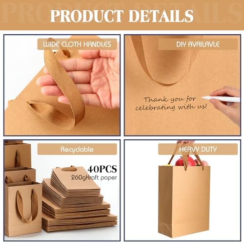 PerKoop 40 Pack Kraft Gift Bags with Handles 4 Sizes,Vertical,Brown - Image 3