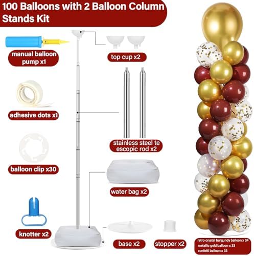 2 Sets Adjustable Balloon Column Stand Kit with Bases（Burgundy Red Gold） - Image 2