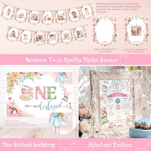 Party Inspo Wonderland 1st Birthday Girl, 145 PCs – Fairy Onederland First Birthday Party Supplies with Tea Party Backdrop, Balloon Garland, Cake Topper, Hanging Arrow Signs - Image 5
