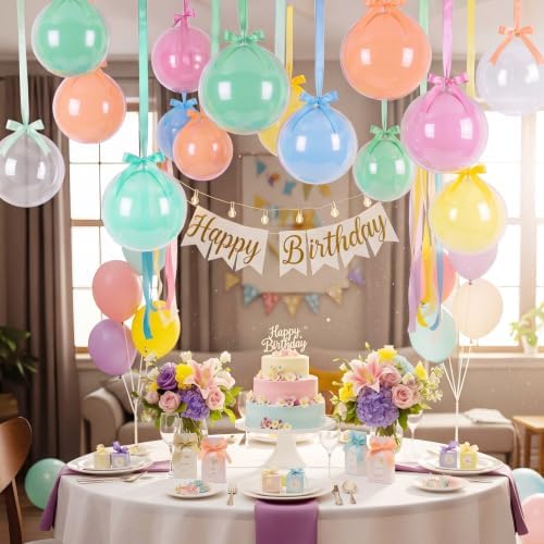 TaoBary 30 Set Pastel Ceiling Hanging Decoration 22/18'' Macaron and Transparent Latex Bobo Balloons Bulk with Satin Bows, Ribbons for Summer Back to School Baby Shower Wedding Party Decor - Image 2