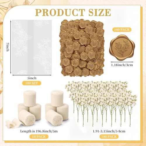 Fuyoooo 100 Set Wedding Invitations Wraps Set Pre Folded Vellum Jackets for 5 x 7 Invitations Self Adhesive Wax Seal Stickers Dried Baby's Breath Chiffon Silk Ribbon for Craft DIY (Rose Style) - Image 2