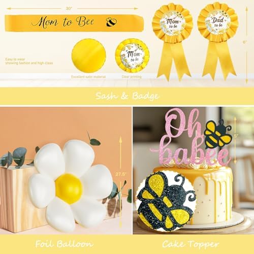 Bee Baby Shower Decorations for Girl – 126PCs Honey Bee Themed Party Supplies Set with Sweet as can Bee Backdrop, Pink Yellow Balloon Garland Kit, Tablecloth, Sash, Badges - Image 4