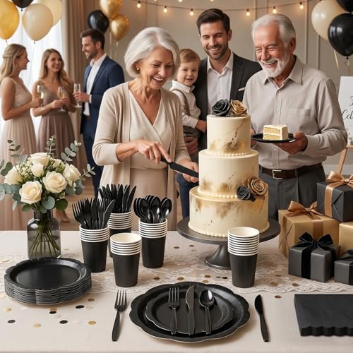 350 Pcs Black Decagonal Disposable Party Plates & Napkins Set - Image 2
