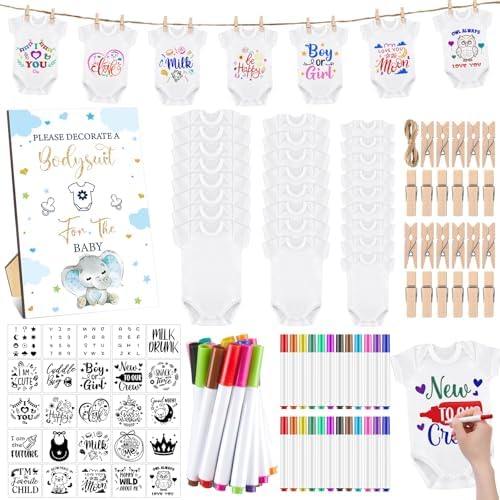 Panitay 126 Pcs Baby Shower DIY Bodysuit Set Bib 25 Blank White Newborn Bodysuit 25 Stencils 24 Marker 1 Sign 50 Pins(Blue Elephant) by Panitay