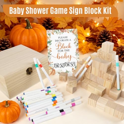 150 Pcs Fall Pumpkin Baby Shower Games Sign Kit, Including a Decorate Game Sign 102 DIY Wooden Blocks, 10 Stencils, 36 Acrylic Markers & Storage Box for Gender Reveal Party Thanksgiving ﻿ - Image 6