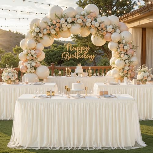 6 Pack 6ft Ivory Tulle Tablecloths for Rectangle Tables 6 Foot Ivory Rectangular Table Cloth Wrinkle Free Tablecover with Tutu Skirt for Wedding Baby Shower Birthday Party Banquet Buffet Cake - Image 4