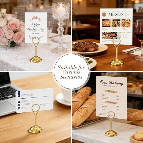 Urban Deco 16 Pieces Table Card Holder Place Card Holders 4 inches Steel Card Holders for Photos, Food Signs, Memo Notes, Weddings, Restaurants, Birthdays (Gold Round) - Image 6