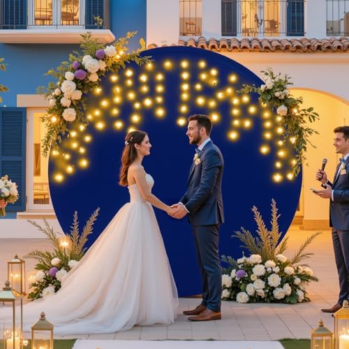 7.2 FT Navy Blue Round Backdrop Cover with Lights String for Circle Arch Stand Circle Backdrop Covers with LED Fairy Lights for Wedding Arch Baby Shower Birthday Party Photo Photography Background - Image 3