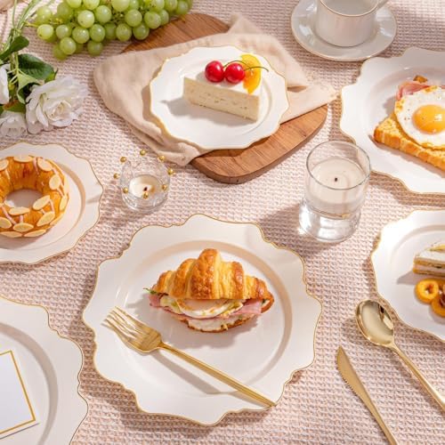 WDF 200PCS Ivory Plastic Plates with Gold Rim - Cream Plastic Plates - Include 100 Dinner & 100 Dessert Fancy Disposable Plate for Party - Heavy Duty Plate for Wedding/Baby Shower - Image 6