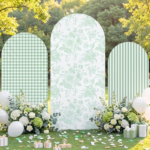 SiliFine Set of 3 Sage Green Arch Cover 4ft 5ft 6ft Chinoiserie Floral Stretchy Backdrop Covers Gingham Striped Backdrop Cover for Wedding Birthday Party Bridal Shower Baby Shower Celebration - Image 6