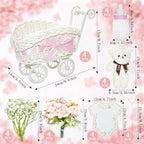 4 Pack Baby Carriage for Baby Shower Centerpiece Table with Wicker Stroller Bottle Bear Cards Rattan Artificial Rose Hydrangea Baby's Breath Floral Card Holder Decoration(Pink，32pcs) - Image 2